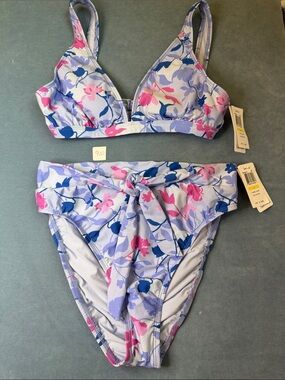 Splendid by Nordstrom Floral Tie-Front Bikini Set in Lavender, Pink & Blue NWT